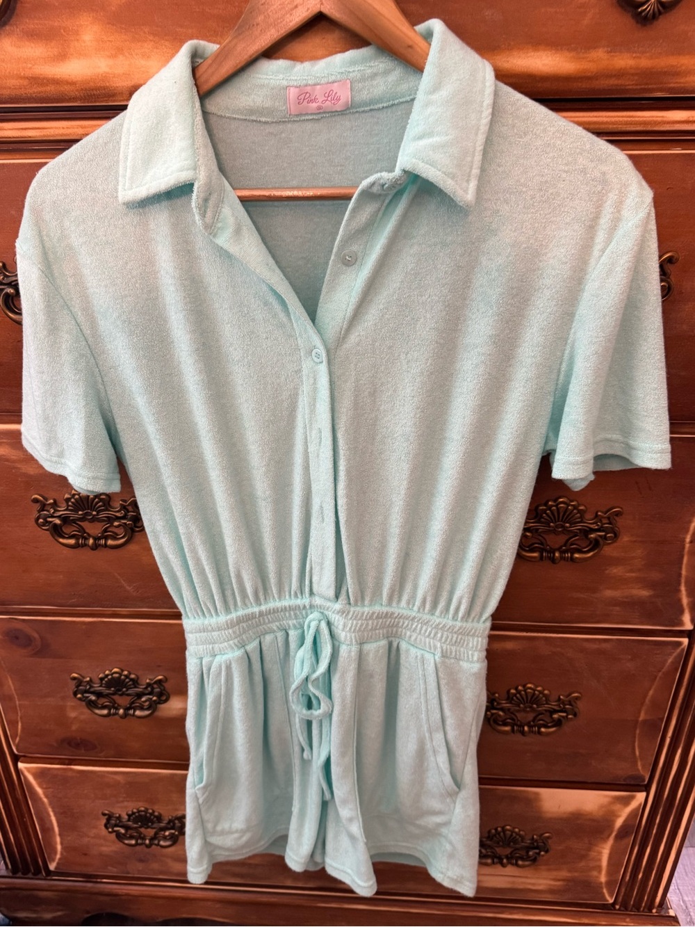 Pink‎ Lily Mint Green Terry Cloth Romper Size Small Drawstring Waist Pockets